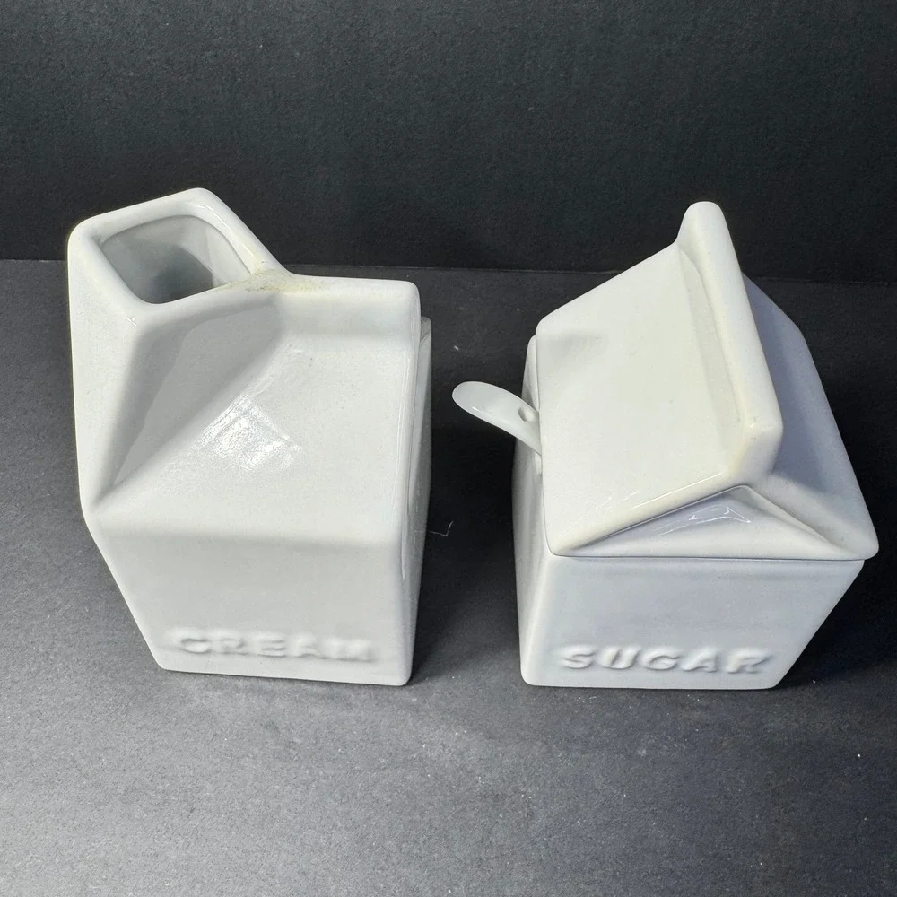 Pier 1 Imports White Stoneware Milk Carton Cream and Sugar‎ Set with Spoon